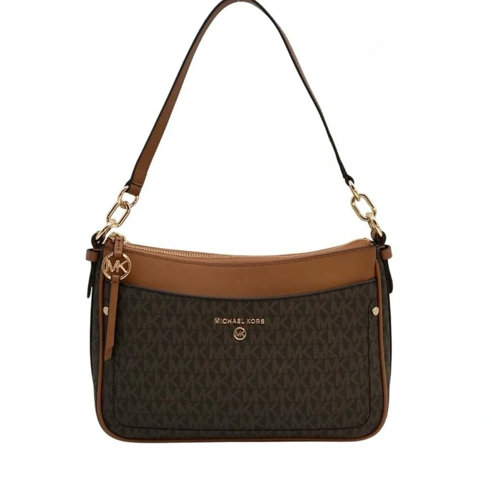 NWOT Michael Kors Logo Brown Pochette Shoulder Bag w/ Matching Passport Wallet - Picture 2 of 13